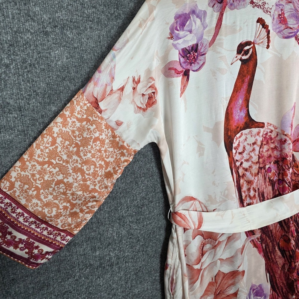 SOMA Silk Blend Kimono Robe Peacock Luxury Lounge Duster Maxi Floral Ivory Red - Picture 10 of 12